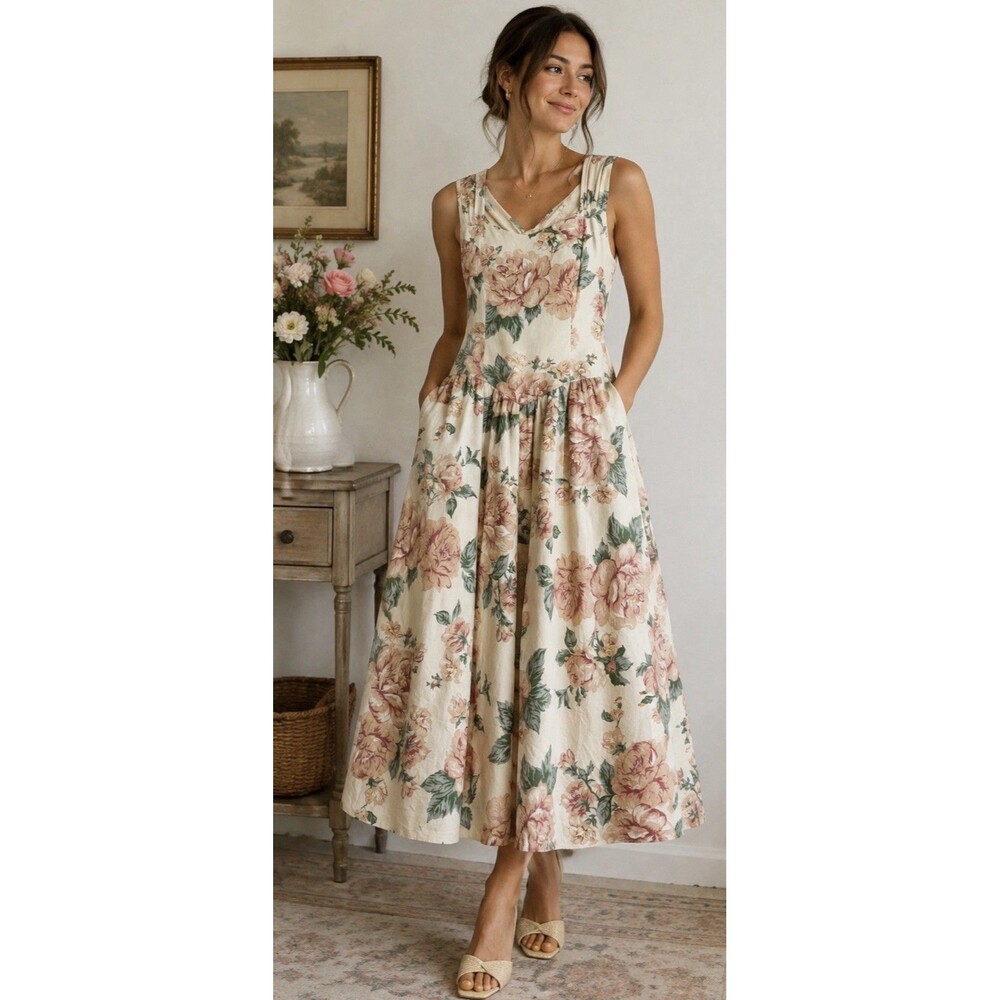 VTG 80s Joni Blair Rose Floral Bow Drop Waist Full Skirt Garden Tea Dress Sz 9